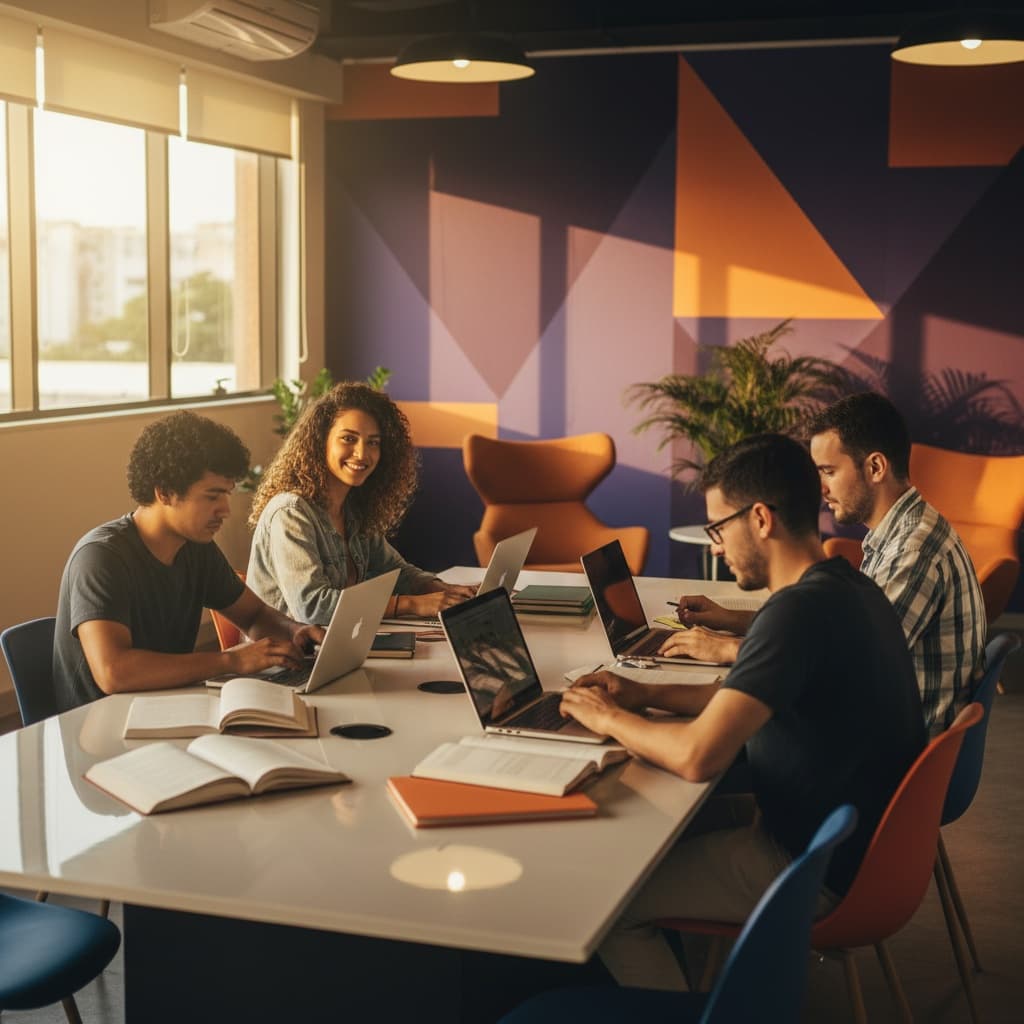 Estudantes da Faculdade Global estudando juntos em ambiente moderno